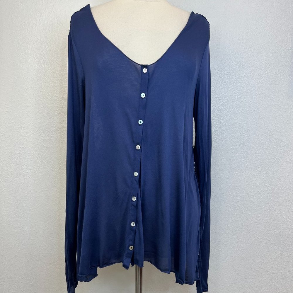 Free People‎ Navy Long Sleeve Button Up Blouse w/ Lace Back Size L